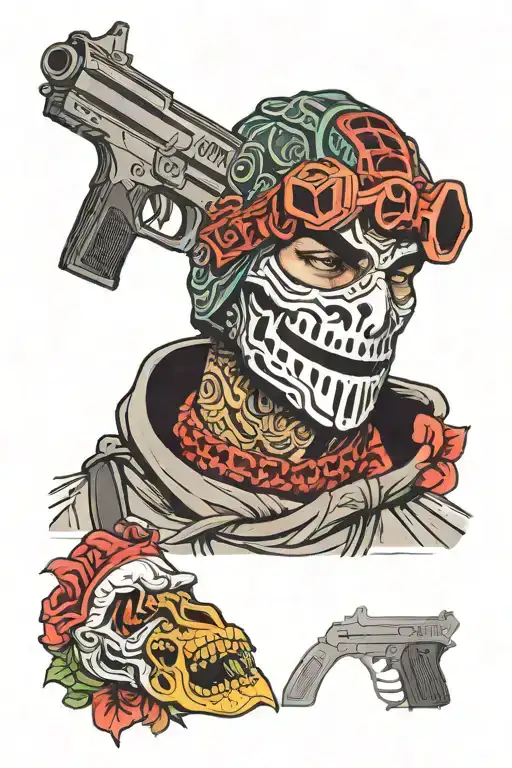 A man in a balaclava with a gun to his temple with grills on his teeth tattoo design idea