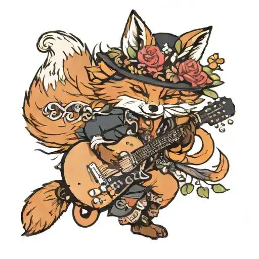 feminine cartoon fox playing guitar wearing bohemian clothing. top hat with flowers, stevie nicks as a fox tattoo design idea