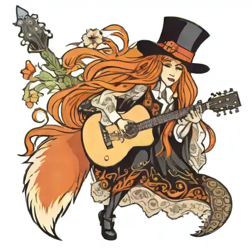 Cartoon stevie nicks fox, long red hair with a streak of blonde, bohemian clothing playing a guitar, top hat with flower tattoo design idea