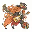 Cartoon stevie nicks fox, long red hair with a streak of blonde, bohemian clothing playing a guitar, top hat with flower tattoo design idea
