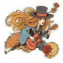 Cartoon stevie nicks fox, long red hair with a streak of blonde, bohemian clothing playing a guitar, top hat with flower tattoo design idea