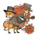 Cartoon stevie nicks fox, long red hair with a streak of blonde, bohemian clothing playing a guitar, top hat with flower tattoo design idea