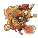 Cartoon stevie nicks fox, long red hair with a streak of blonde, bohemian clothing playing a guitar, top hat with flower tattoo design idea