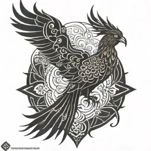 A phoenix rising from flames with intricate geometric patterns and mandalas incorporated into the design tattoo design idea