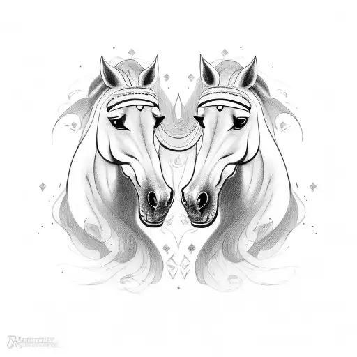 The tattoo consists of two horse heads facing each other. One horse head is brown with short bangs, while the other is w tattoo design idea