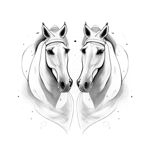 two horses white and brown facing each other with bridle tattoo design idea
