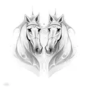 The tattoo consists of two horse heads facing each other. One horse head is brown with short bangs, while the other is w tattoo design idea