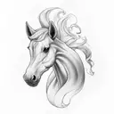 The tattoo consists of two horse heads facing each other. One horse head is brown with short bangs, while the other is w tattoo design idea