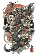 Japanese style with flowers, koi fish and samurai tattoo design idea