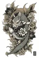Japanese style with flowers, koi fish and samurai tattoo design idea