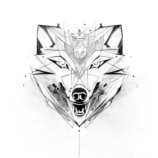 A wolf's head made of intertwining swords, with a raven flying above tattoo design idea