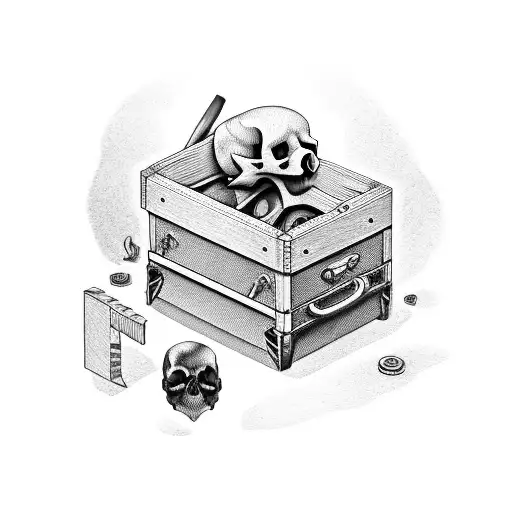 A carpenter's toolbox with skull-shaped tools and a raven perched on top tattoo design idea