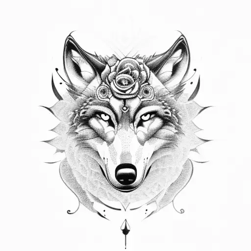 A wolf's head formed by intertwining daggers and ravens, with roses in the background tattoo design idea