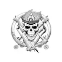 Music, money, death, flames, drugs, prayer, skull, pirate, lion, militia, anarchy, carnage, violence, bullets,  tattoo design idea