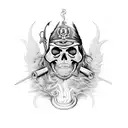Music, money, death, flames, drugs, prayer, skull, pirate, lion, militia, anarchy, carnage, violence, bullets,  tattoo design idea