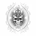 Music, money, death, flames, drugs, prayer, skull, pirate, lion, militia, anarchy, carnage, violence, bullets,  tattoo design idea