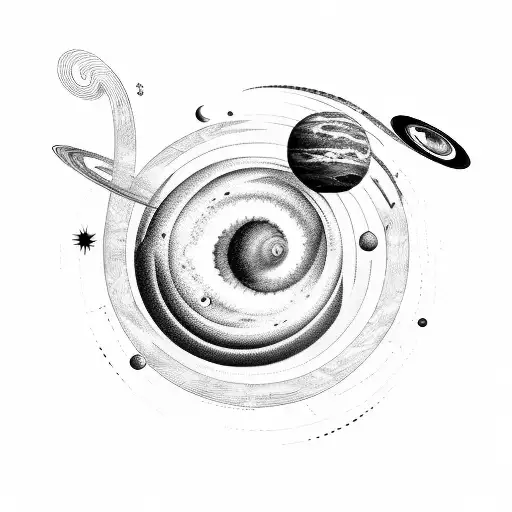 A celestial symphony with musical notes swirling around planets and stars tattoo design idea
