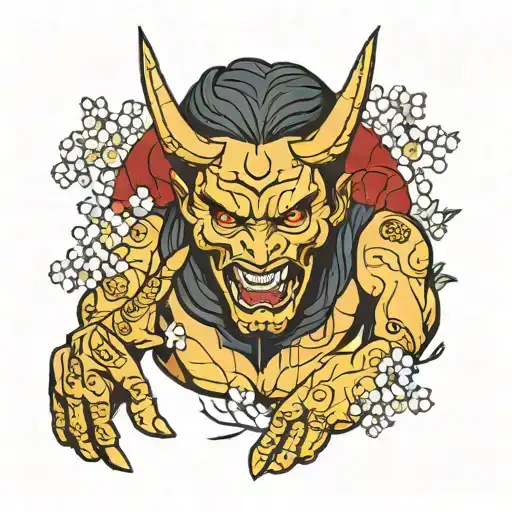 Female hannya demon holding gold senbon needles between her fingers like wolverine while surrounded by cherry blossoms tattoo design idea