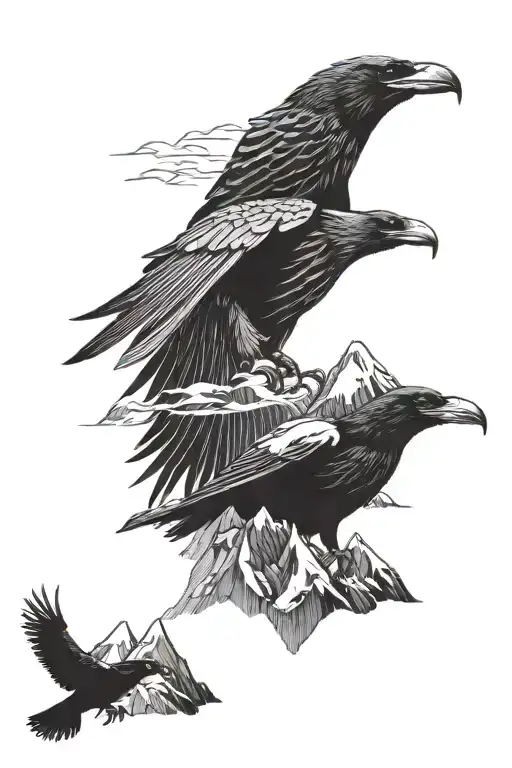 mountains and ravens  tattoo design idea