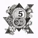 A geometric design incorporating the numbers 5, 21, and a pair of wedding rings, symbolizing the couple's special day tattoo design idea