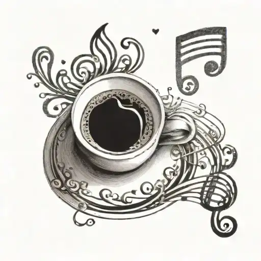 A coffee cup with musical notes swirling around it, set against a serene outdoor scene tattoo design idea