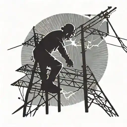 A silhouette of a lineman working on power lines with lightning bolts in the background tattoo design idea