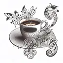 A coffee cup with musical notes swirling around it, set against a serene outdoor scene tattoo design idea
