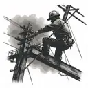 A silhouette of a lineman working on power lines during a storm tattoo design idea