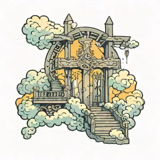 heavens gates with stairs and a cross and clouds tattoo design idea