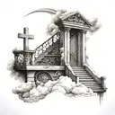 heavens gates with stairs and a cross and clouds tattoo design idea