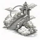 heavens gates with stairs and a cross and clouds tattoo design idea