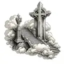 heavens gates with stairs and a cross and clouds tattoo design idea