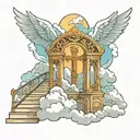 heavens gates with stairs and a cross and clouds tattoo design idea