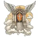 heavens gates with stairs and a cross and clouds tattoo design idea