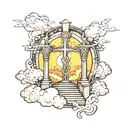 heavens gates with stairs and a cross and clouds tattoo design idea