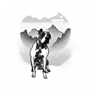 A pitbull standing proudly on a rocky cliff, overlooking a serene ocean sunset tattoo design idea