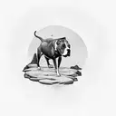 A pitbull standing proudly on a rocky cliff, overlooking a serene ocean sunset tattoo design idea