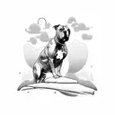 A pitbull standing proudly on a rocky cliff, overlooking a serene ocean sunset tattoo design idea