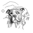 A pitbull standing proudly on a rocky cliff, overlooking a serene ocean sunset tattoo design idea