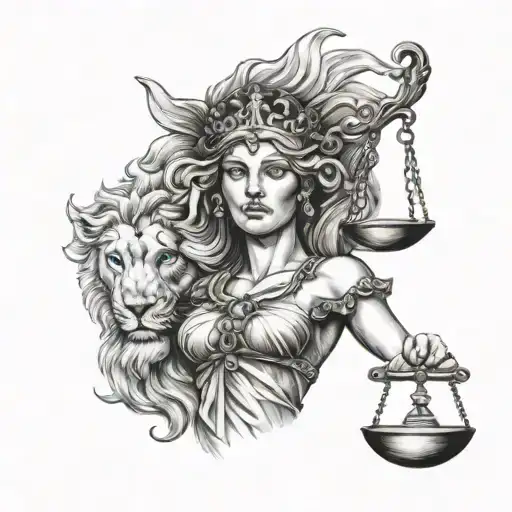 Lady Justice and Lion with Blue Eyes tattoo design idea