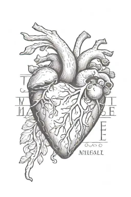 human  heart with Roman numerals and name between tattoo design idea