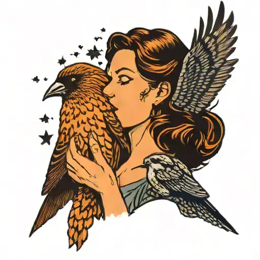 A beautiful woman holds a small sparrow in her hand and the background is dark dark starry night, the bird is orange tattoo design idea