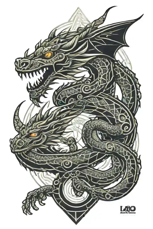 2 laos dragon flying intertwined together then seperating tattoo design idea
