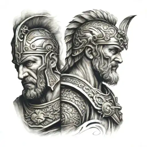 sleeve with romans and vikings head tattoo design idea