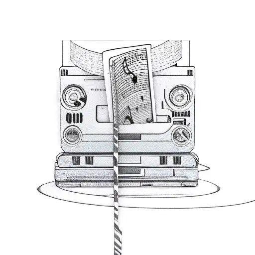 A cassette tape transforming into a book with musical notes as pages tattoo design idea
