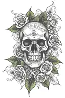 R.I.P skull flames roses and narcissus flowers and name  tattoo design idea