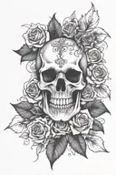 R.I.P skull flames roses and narcissus flowers and name  tattoo design idea