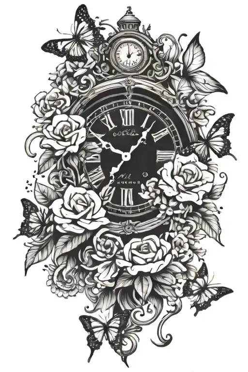 gardenia flowers all over, small butterflies flying around the arm, old melting clock in the middle  tattoo design idea