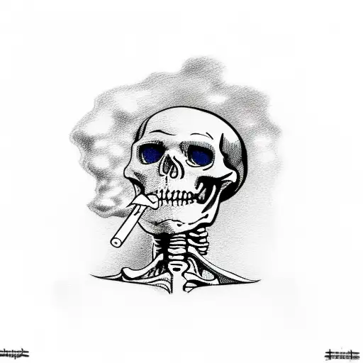 skeleton drinks beer and smokes cigarette while in the background there is a nuclear explosion  tattoo design idea