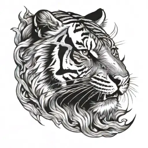 tiger and flames left arm sleeve tattoo design idea